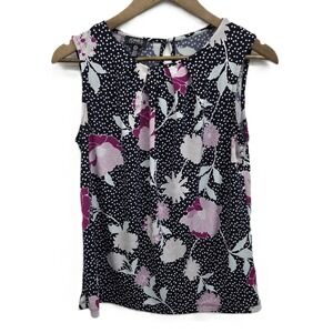 Jones New York Womens S Navy Floral Polka Dot Top Preppy Classic Layering Blouse